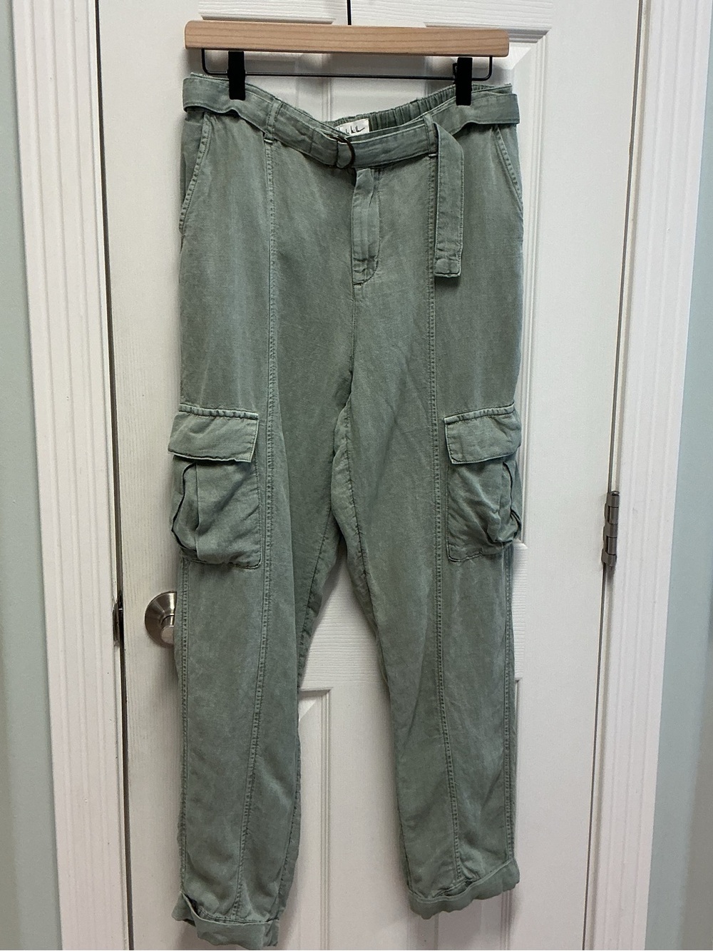 Nicole Miller SZ M Linen Relaxed Straight Rolled Cuff Washed Green Cargo Pant